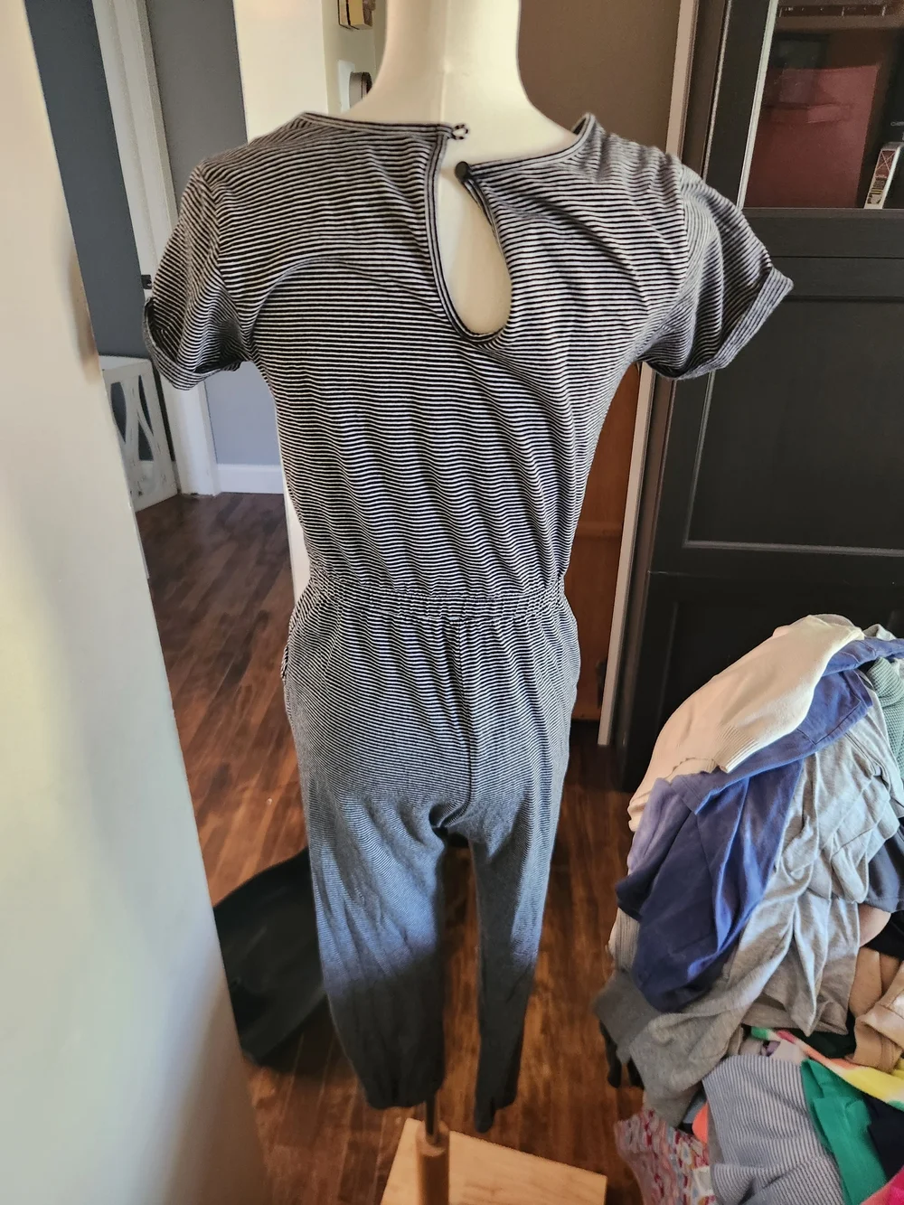 Old Navy Black and White Striped Short-Sleeve Jumpsuit